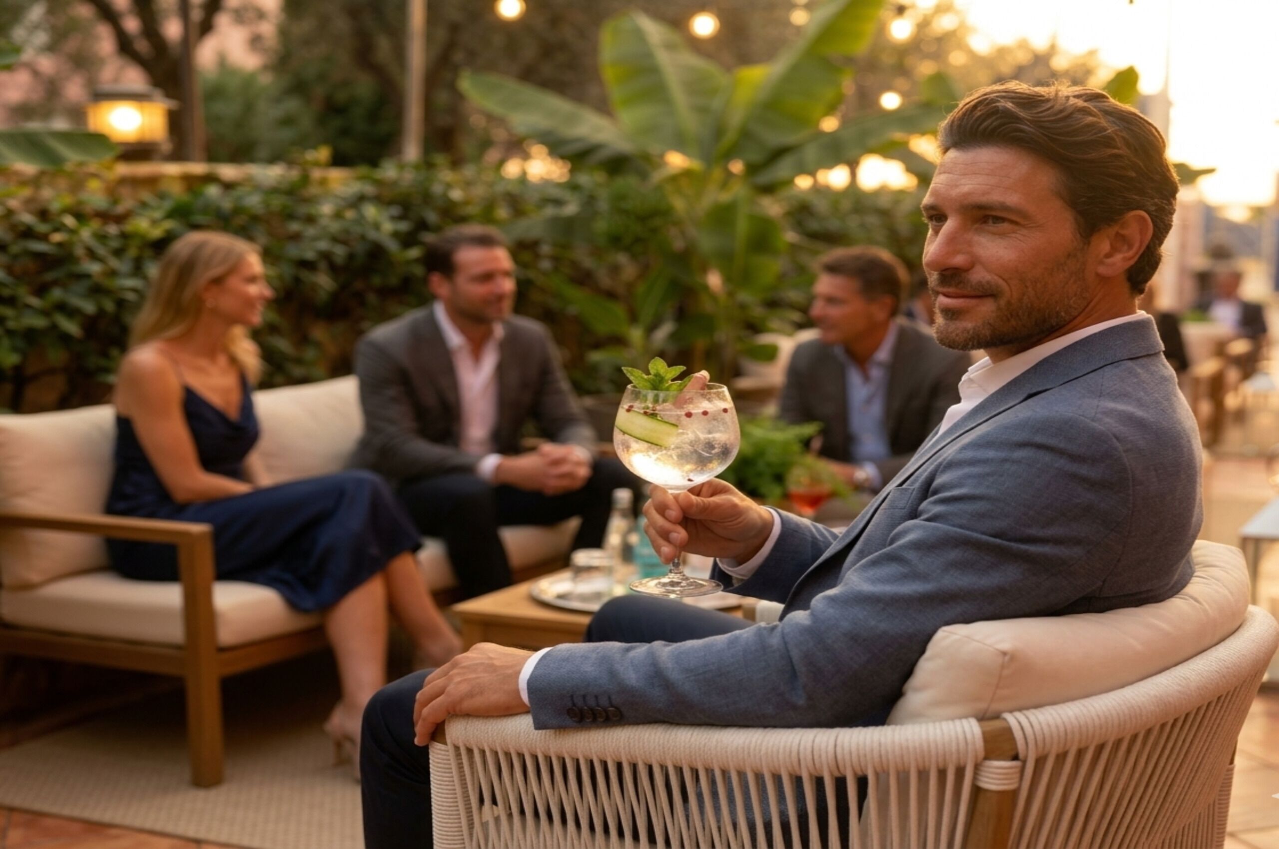 A man seated on a wicker chair outdoors, holding a drink.