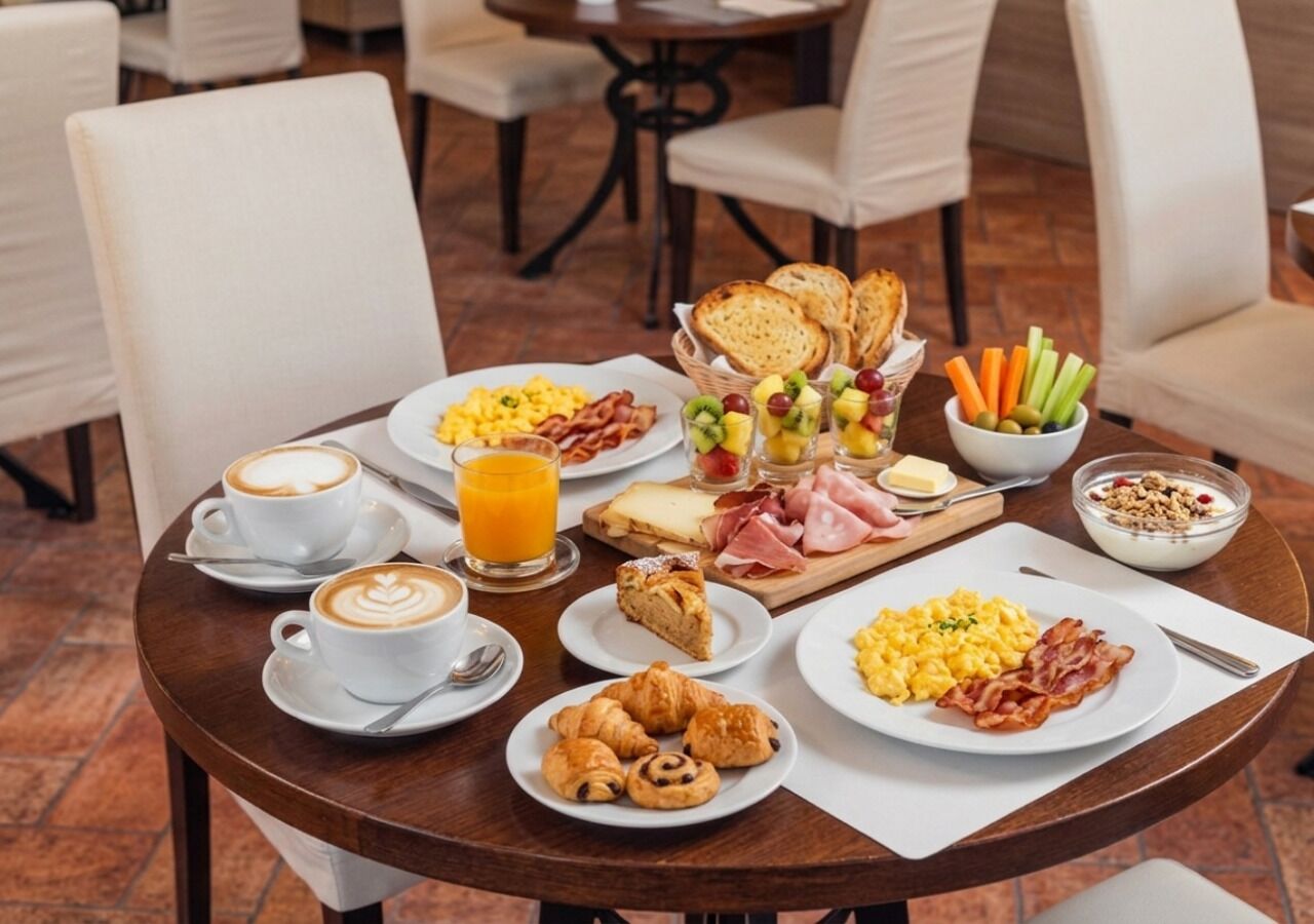 Una tavola imbandita per la colazione, con uova strapazzate, pancetta, toast, croissant e una ciotola di frutta.