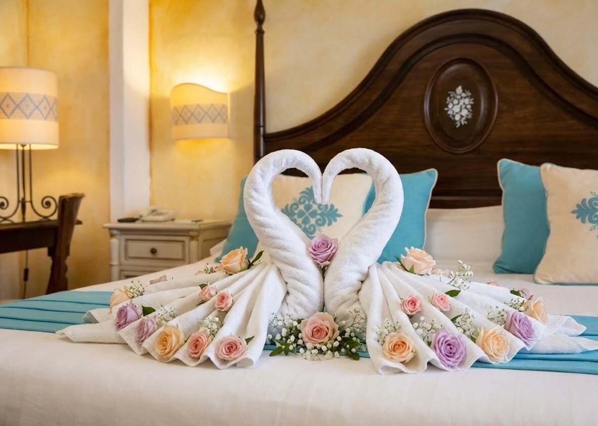 A bed with a heart-shaped towel arrangement and floral decorations.