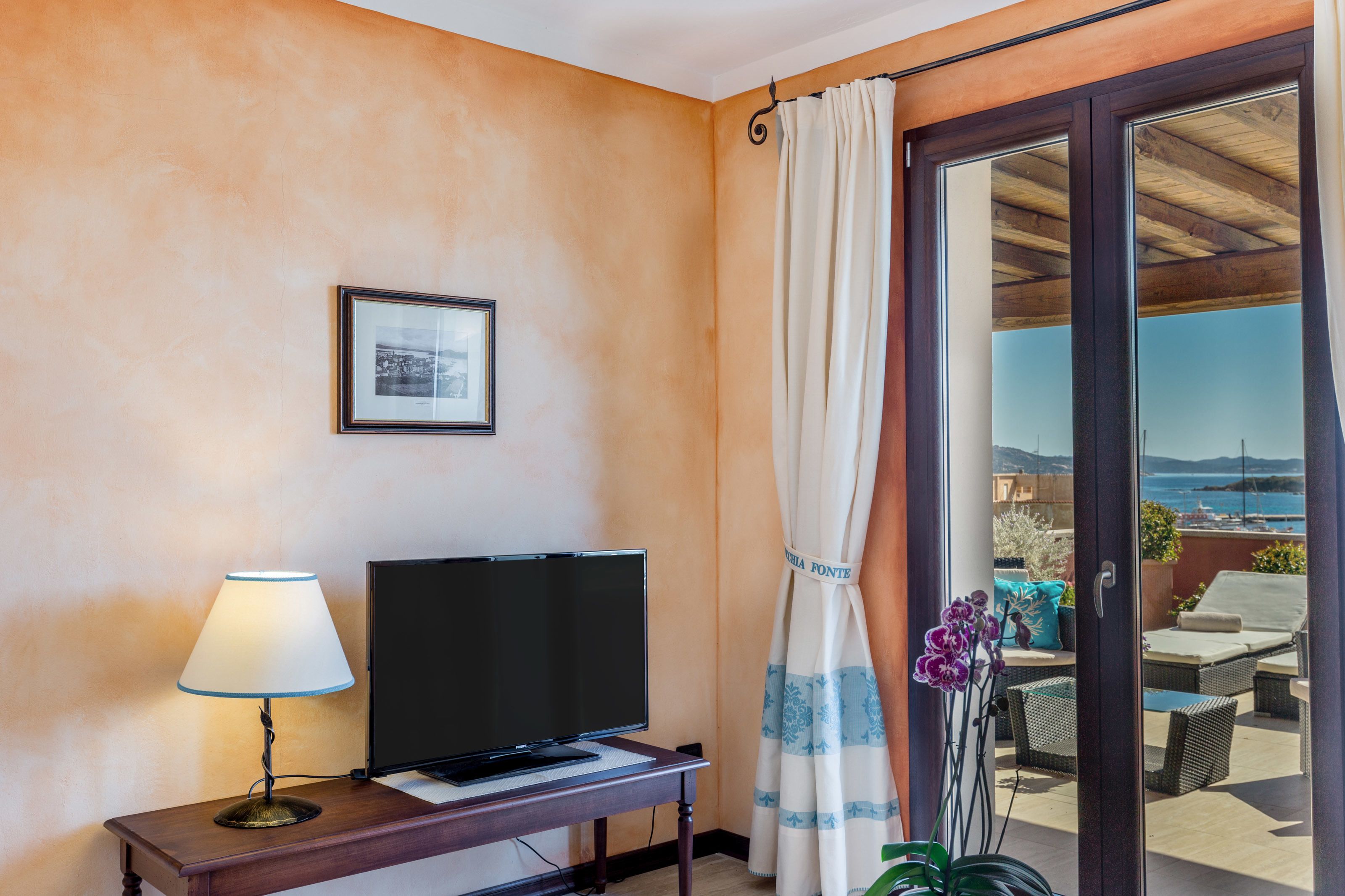 Une pièce avec un téléviseur posé sur une table en bois, un tableau encadré au mur et une vue sur l’extérieur par une porte vitrée.