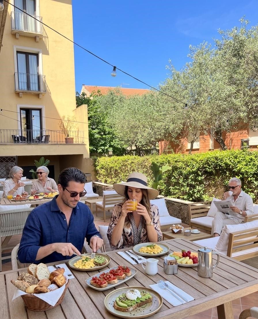 Un área de comedor al aire libre con mesas, sillas y diversas opciones de comida.