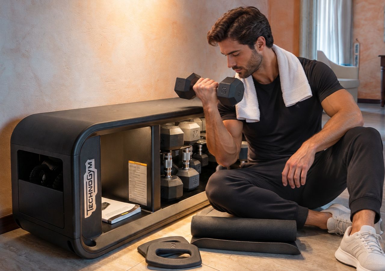 A man exercising with dumbbells in a room with a black fitness machine and a yoga mat.