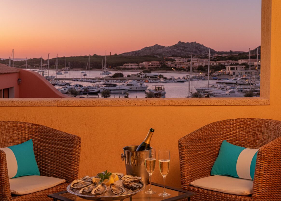 A terrace with wicker chairs, a table with oysters and champagne, and a view of a marina at sunset.