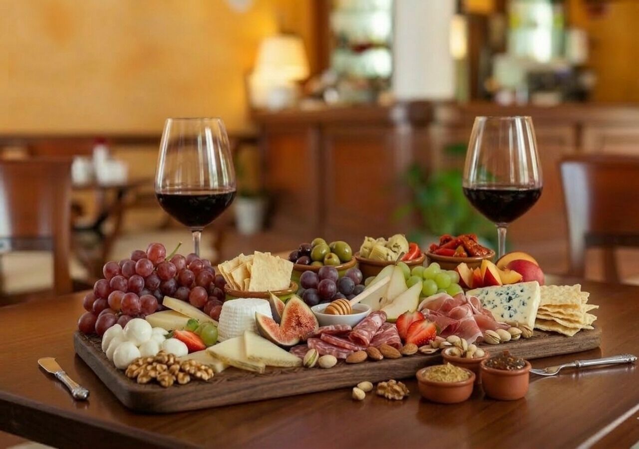 A charcuterie board with various cheeses, fruits, and nuts, accompanied by two glasses of red wine on a wooden table.