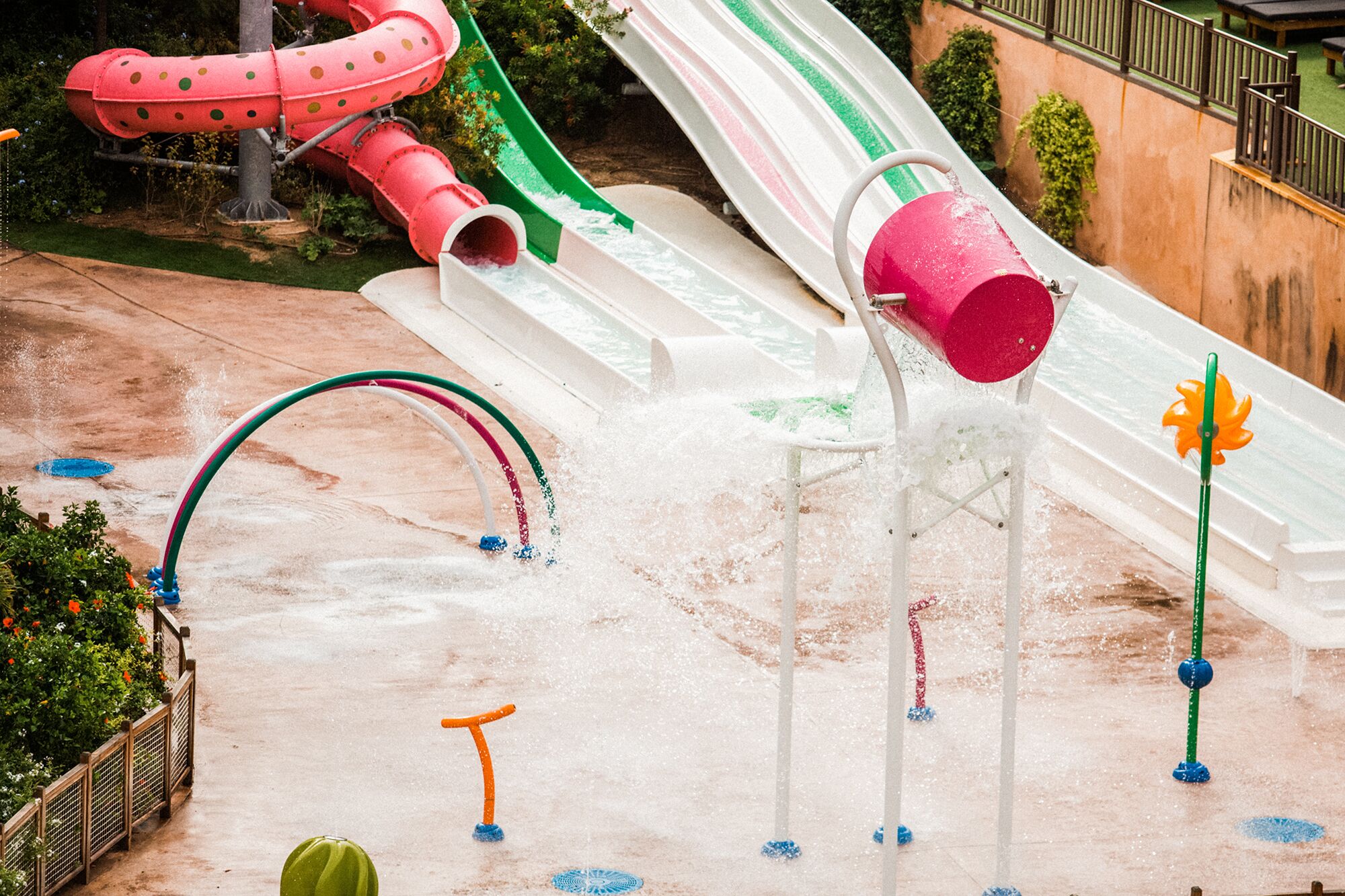 A water park with multiple slides and water features.