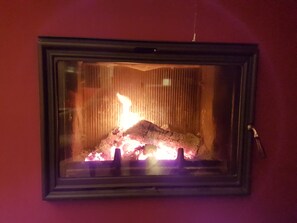 A fireplace with visible logs and flames, set in a wooden frame against a red wall.