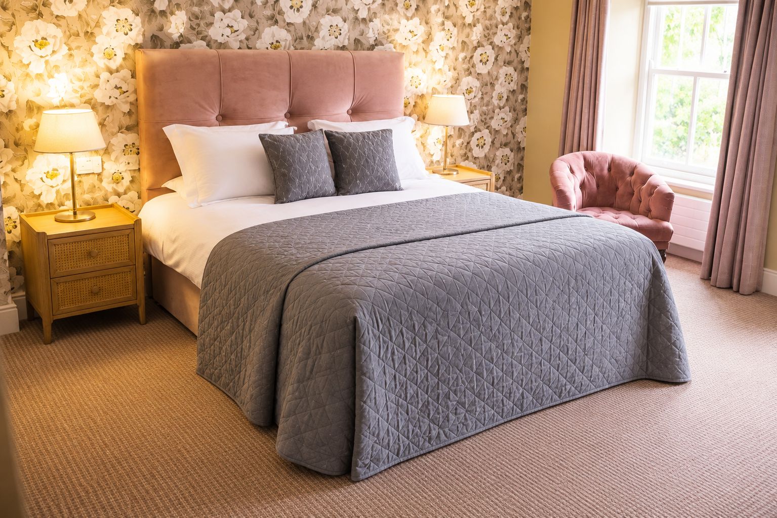 A bedroom with a large bed, two bedside tables with lamps, a chair, and floral wallpaper.