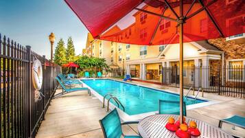 Outdoor pool, open noon to 9:00 PM, pool umbrellas, pool loungers