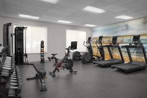 A gym with exercise equipment, including a treadmill, stationary bike, and weights. - Hilton Garden Inn Annapolis (Annapolis)