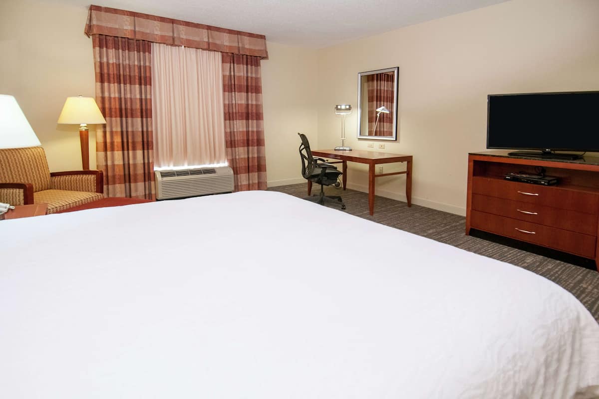 A hotel room with a large bed, a desk with a chair, a television, a lamp, and a window with curtains.