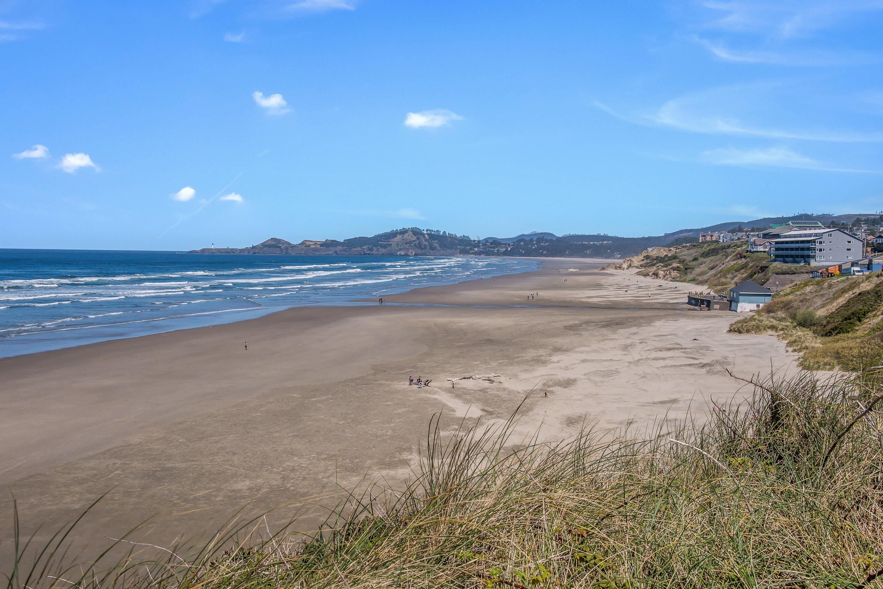 A coastal beach with a clear sky, a sandy shore, and buildings in the background.