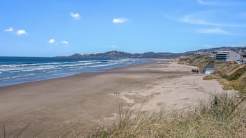 A coastal beach with a clear sky, a sandy shore, and buildings in the background.