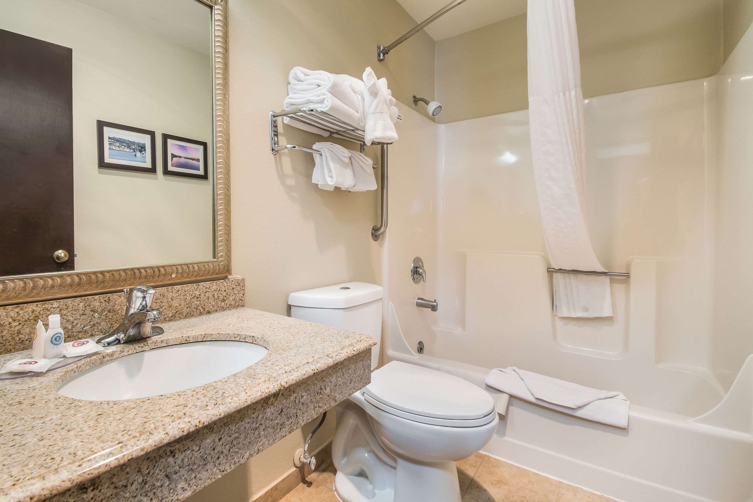 combined shower/bathtub, hair dryer, towels