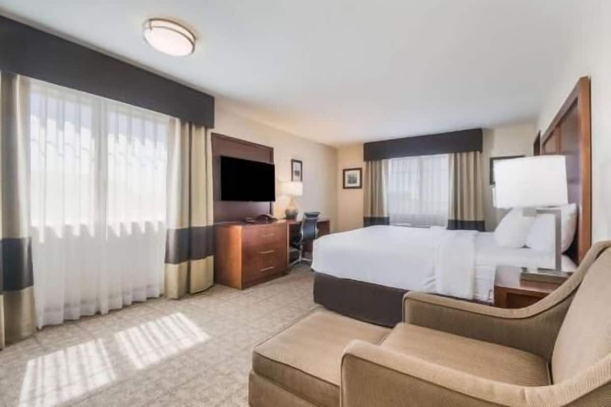 A hotel room with a bed, a desk, a chair, a TV, and curtains.