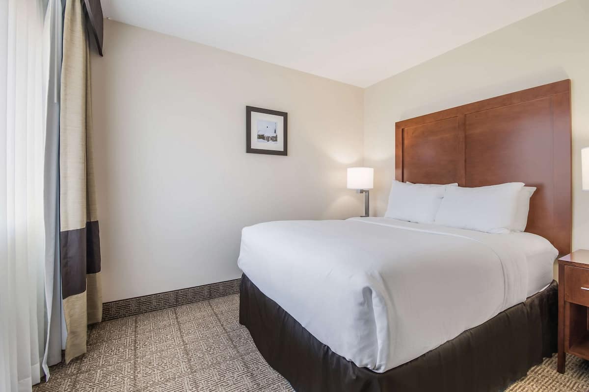A hotel room with a large bed, a wooden headboard, a bedside table with a lamp, and a framed picture on the wall.