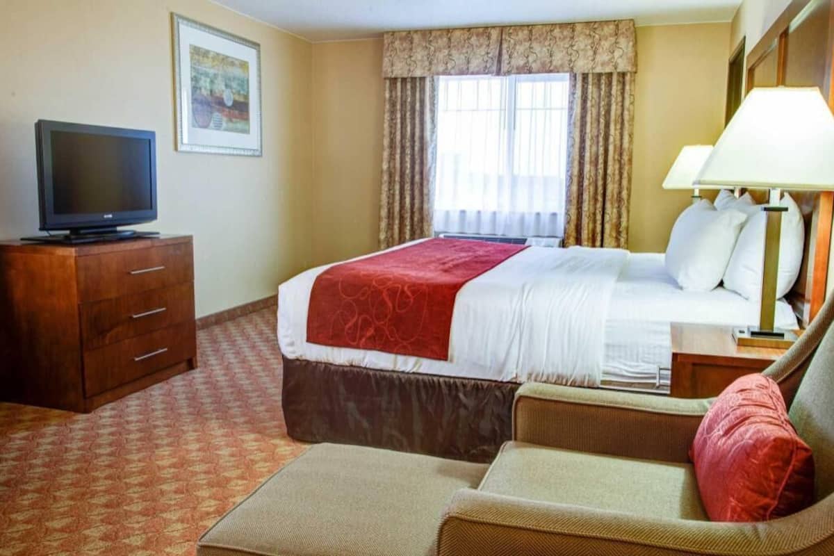 A hotel room with a bed, a television, a desk, and a chair.