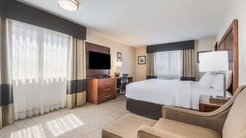 A hotel room with a large bed, a desk with a flat-screen TV, a sofa, and a window with sheer curtains.