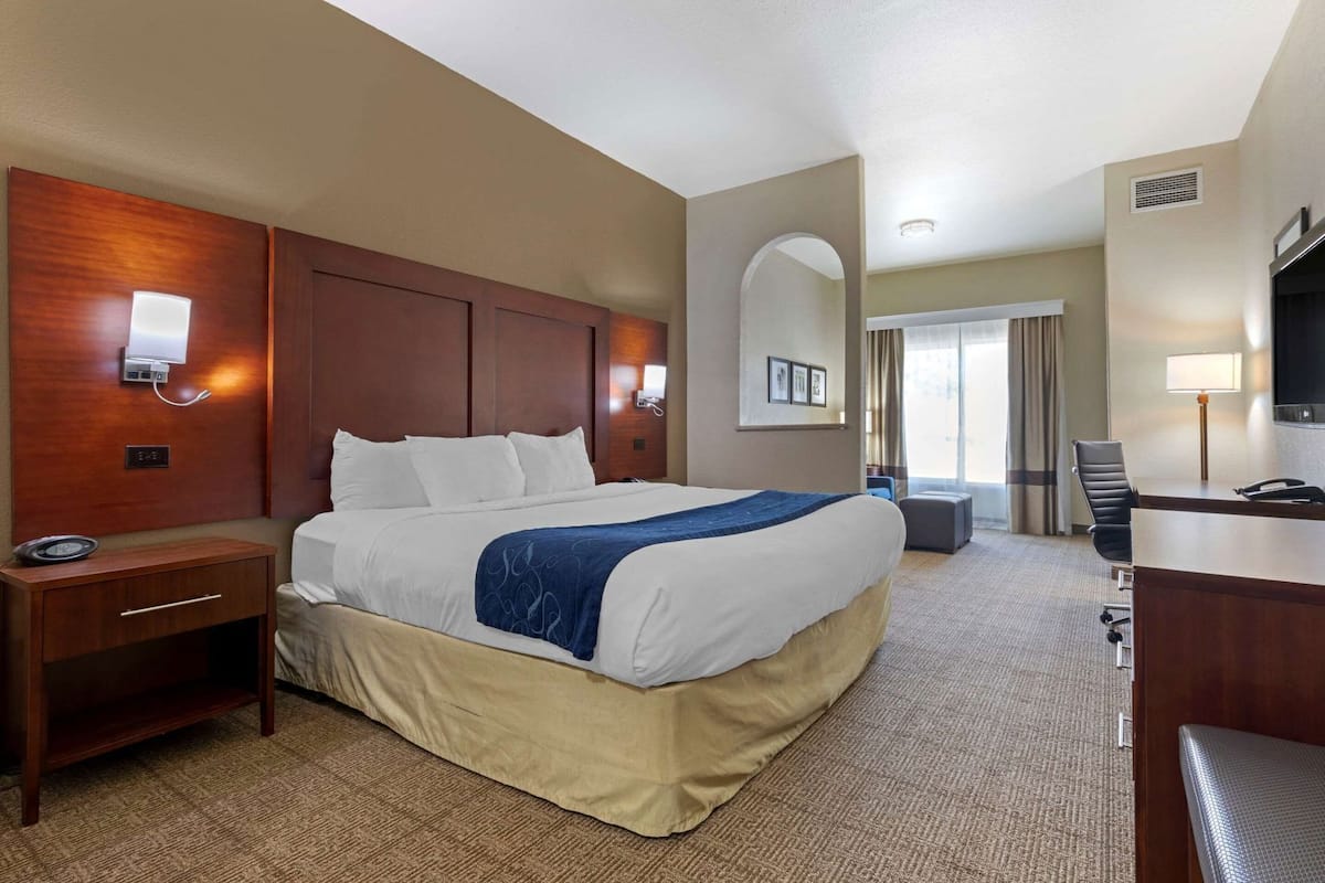 A hotel room with a large bed, a desk, a chair, a TV, and a window with curtains.