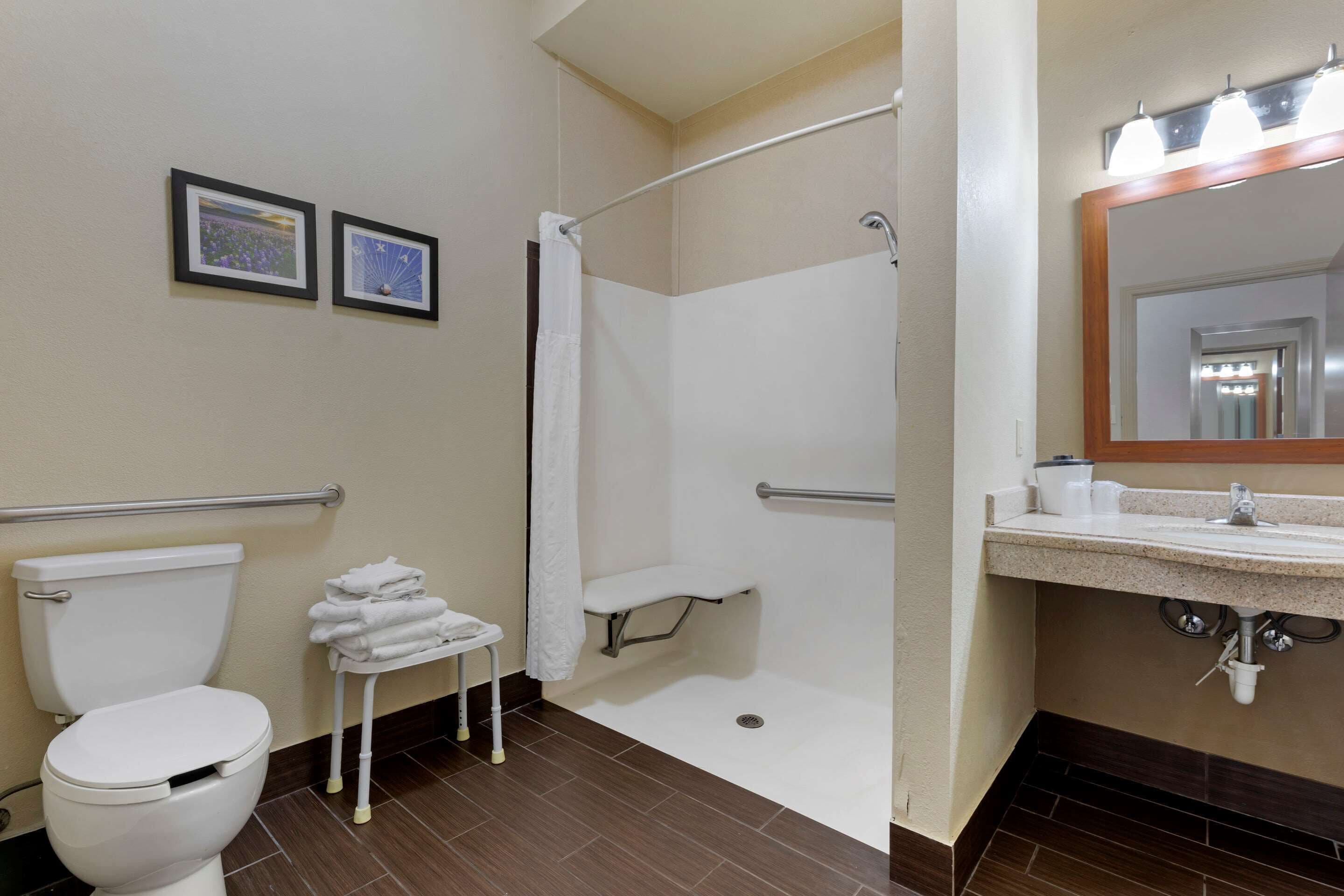 A bathroom with a toilet, a shower with a grab bar, a sink with a mirror, and two framed pictures on the wall.