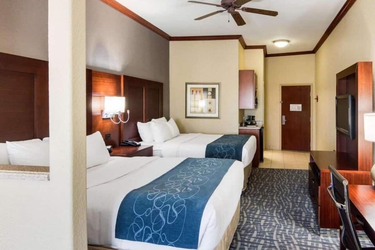 A hotel room with two beds, a desk, a chair, a television, a ceiling fan, and a framed picture on the wall.
