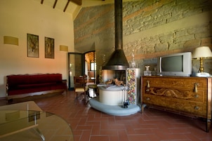 Una sala de estar acogedora con chimenea, un sofá rojo, un aparador de madera y un televisor.