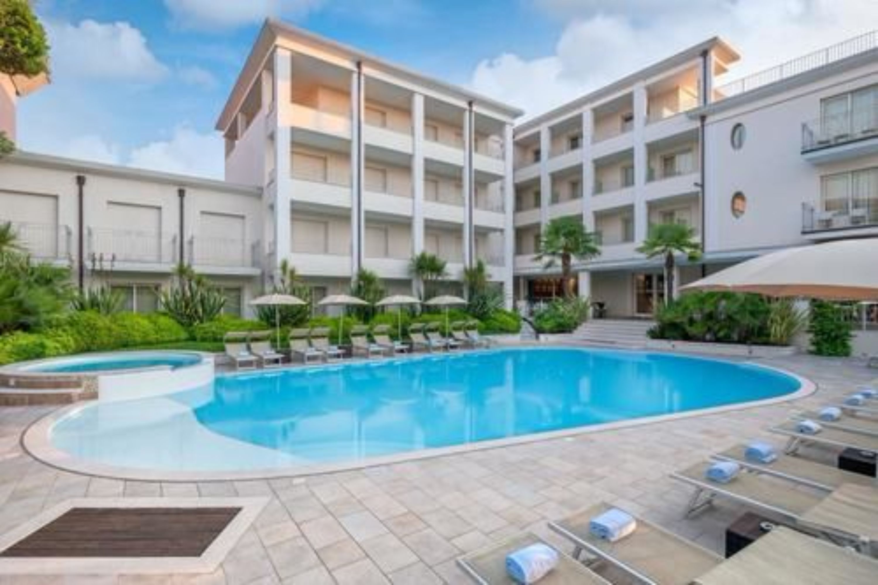 Outdoor pool, pool umbrellas, pool loungers