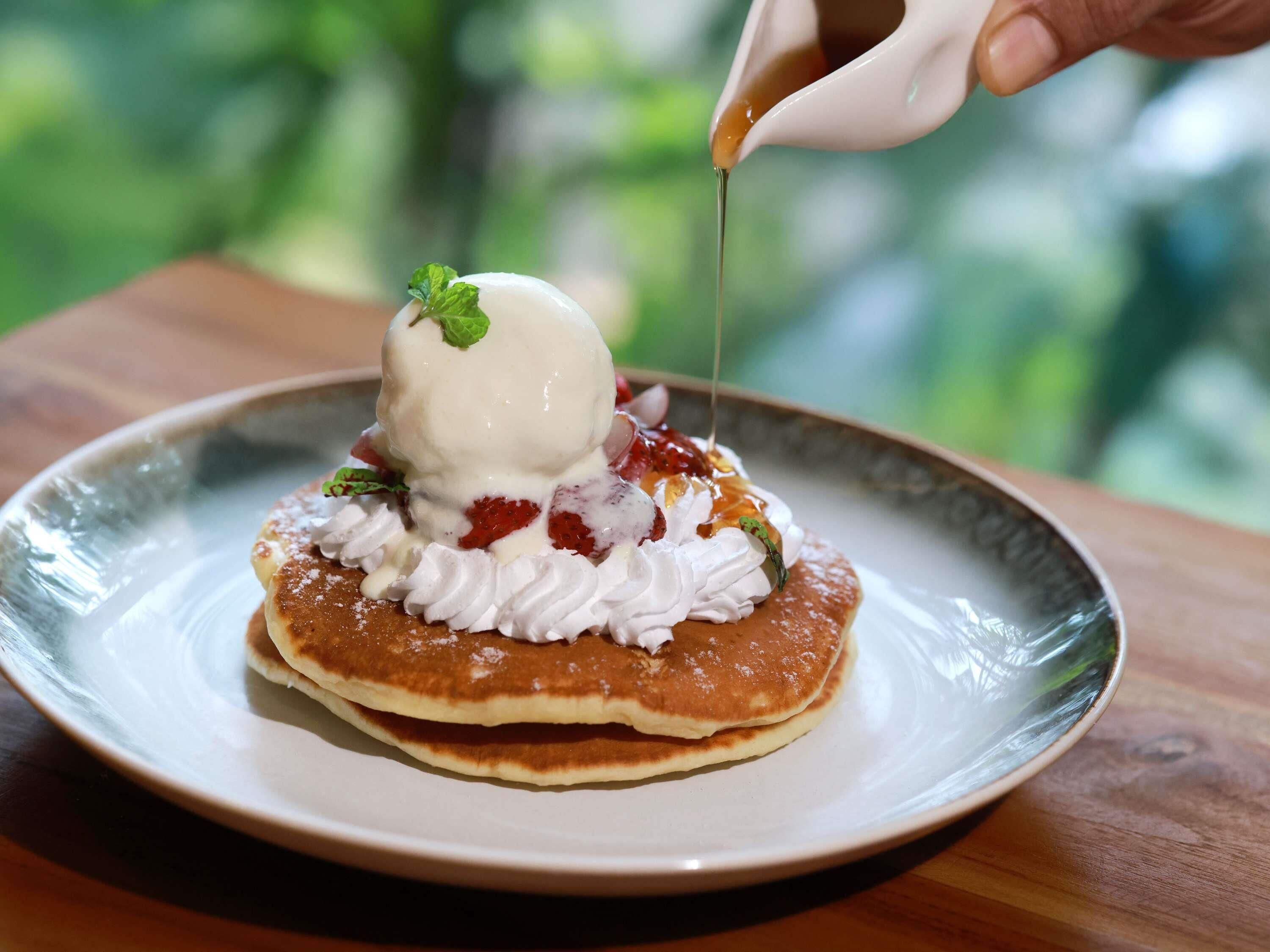 A dessert on a plate with whipped cream, syrup, and a mint garnish.
