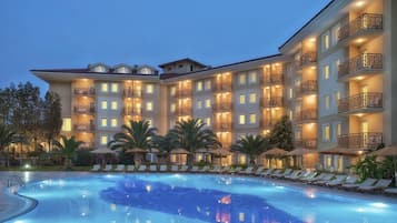 Outdoor pool, pool umbrellas, pool loungers
