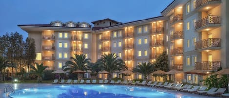 Outdoor pool, pool umbrellas, pool loungers