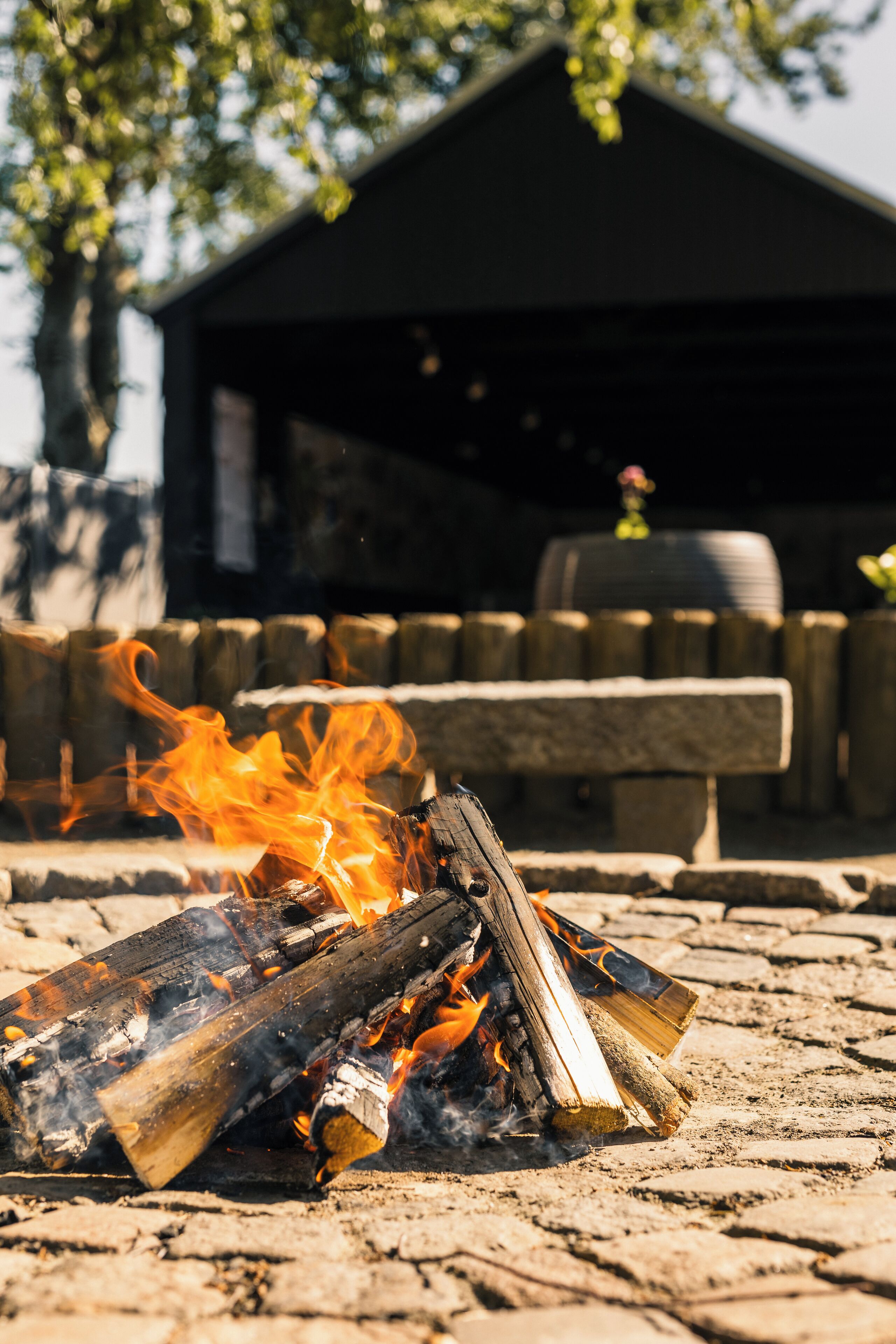 Un feu de camp avec des bûches et des flammes, installé sur une surface en pierre, avec un banc en bois et une structure couverte en arrière-plan.