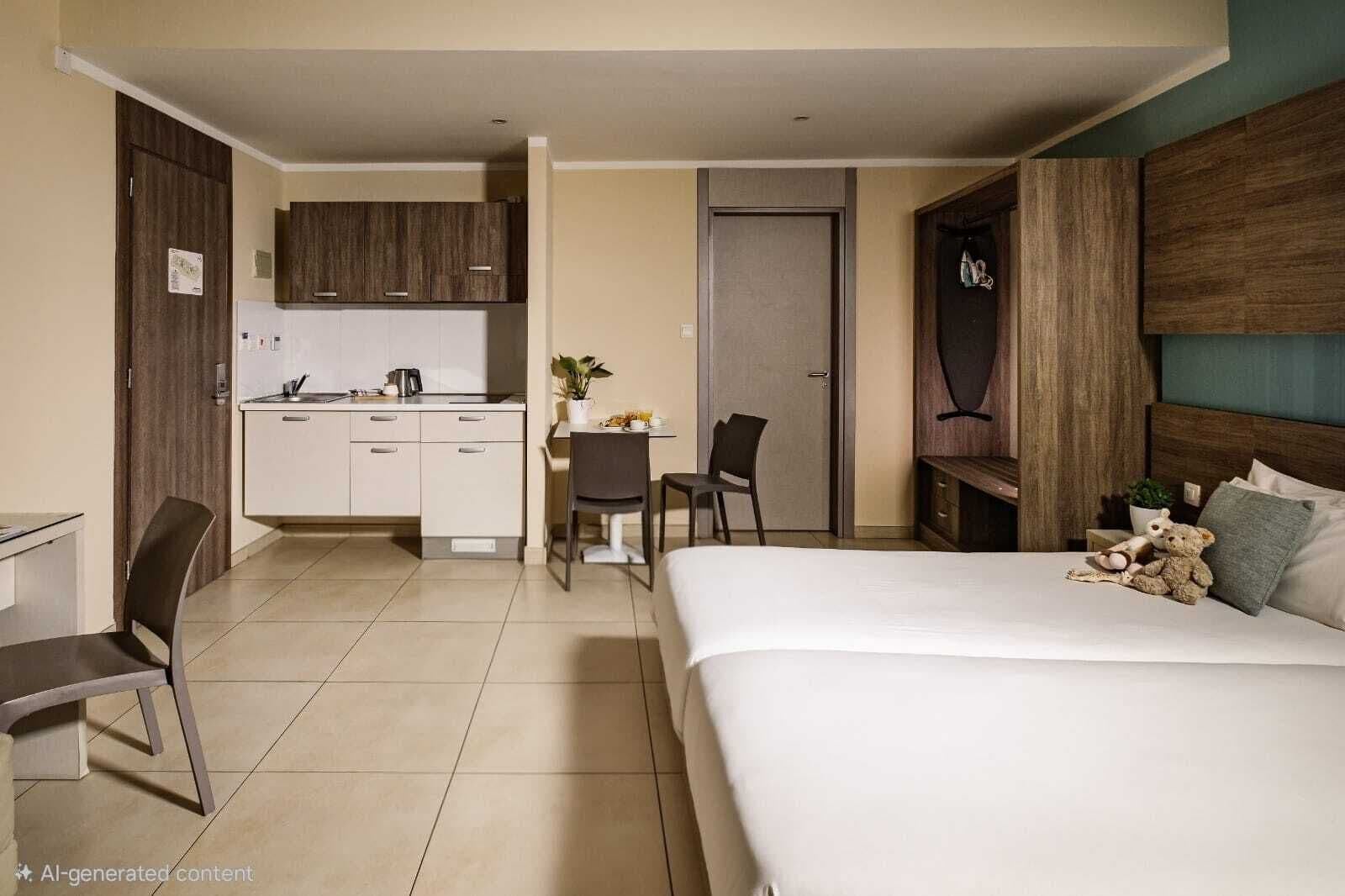 Una habitación de hotel compacta con kitchenette, zona de comedor y una cama.