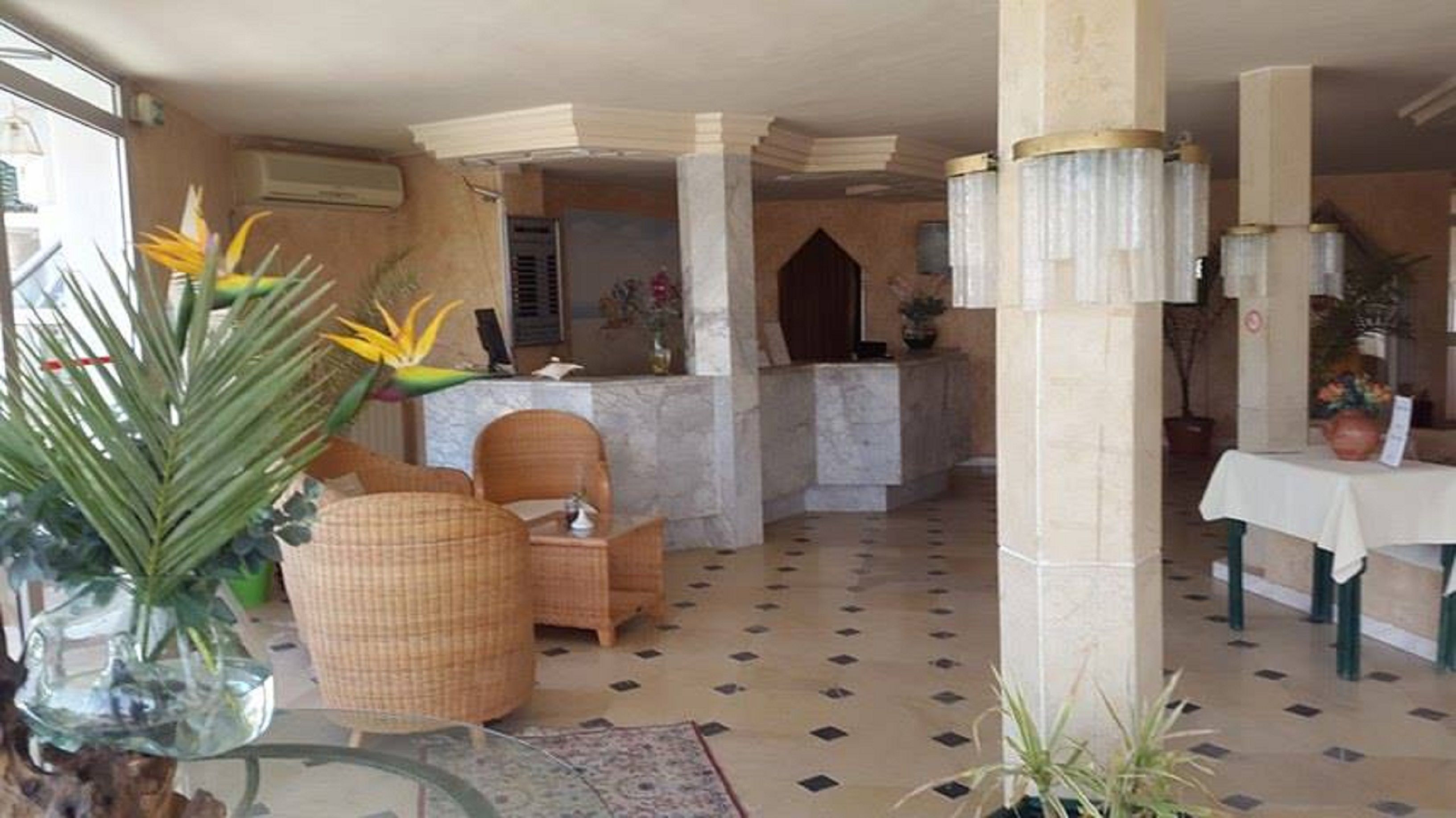 A hotel lobby with a reception desk, seating area with wicker chairs, a patterned rug, and a large plant.