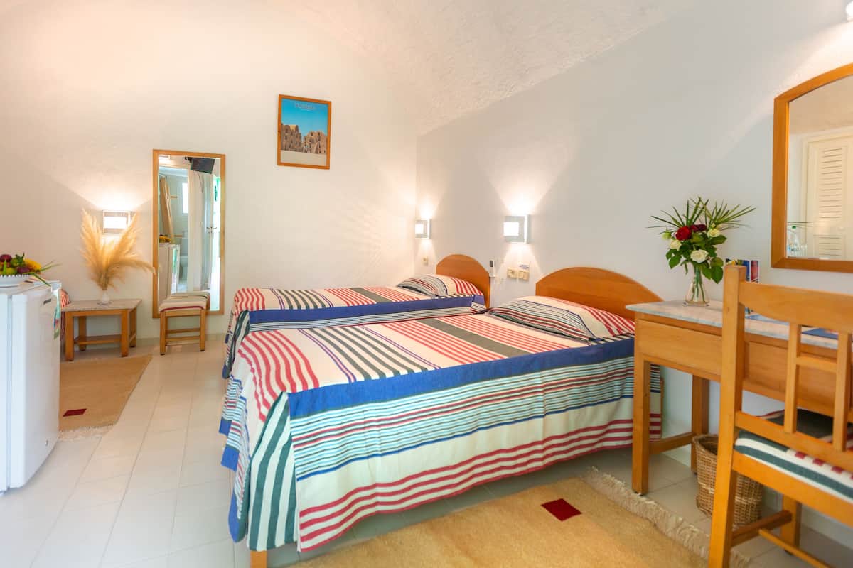 A bedroom with a bed, a desk, a chair, a mirror, a small table with a plant, and a picture of Tunisia on the wall.