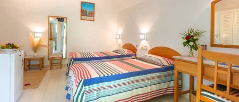 A bedroom with a bed, a desk, a chair, a mirror, a small table with a plant, and a picture of Tunisia on the wall.