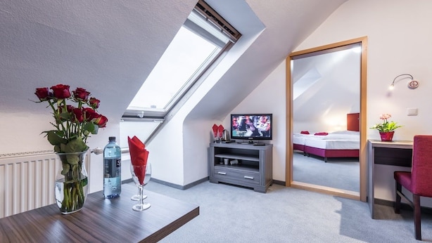 A modern hotel room with a skylight, a TV, a bed, a desk, and a chair. - Hotel Himalaya Frankfurt City Messe (Frankfurt)