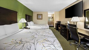 Une chambre d’hôtel avec deux lits, un bureau, une chaise, une télévision et un miroir.
