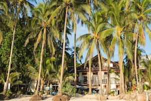 Un alojamiento frente a la playa con edificios de varios pisos, palmeras y zonas de estar al aire libre.
