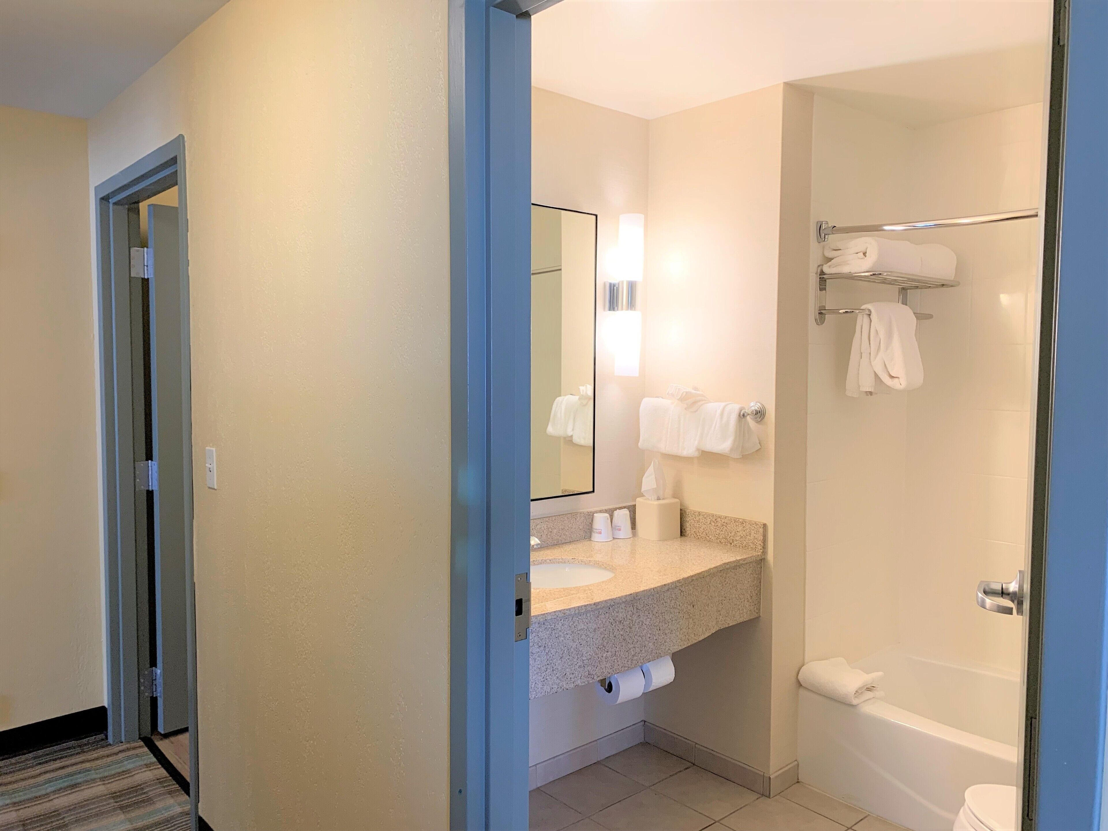deluxe suite, 1 bedroom, fireplace (kitchen) | bathroom | combined shower/bathtub, free toiletries, hair dryer, towels