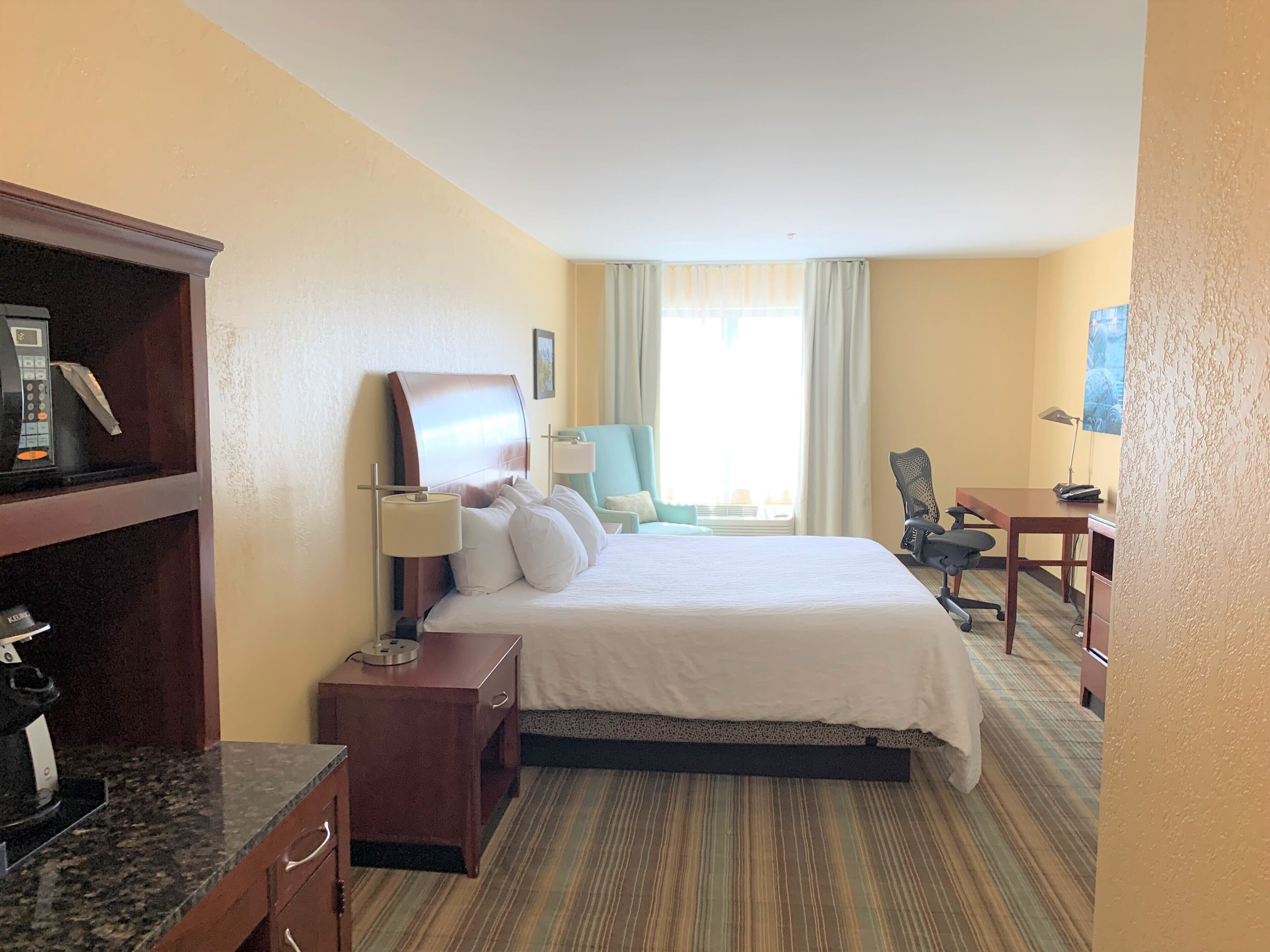 1 bedroom, desk, laptop workspace, blackout curtains