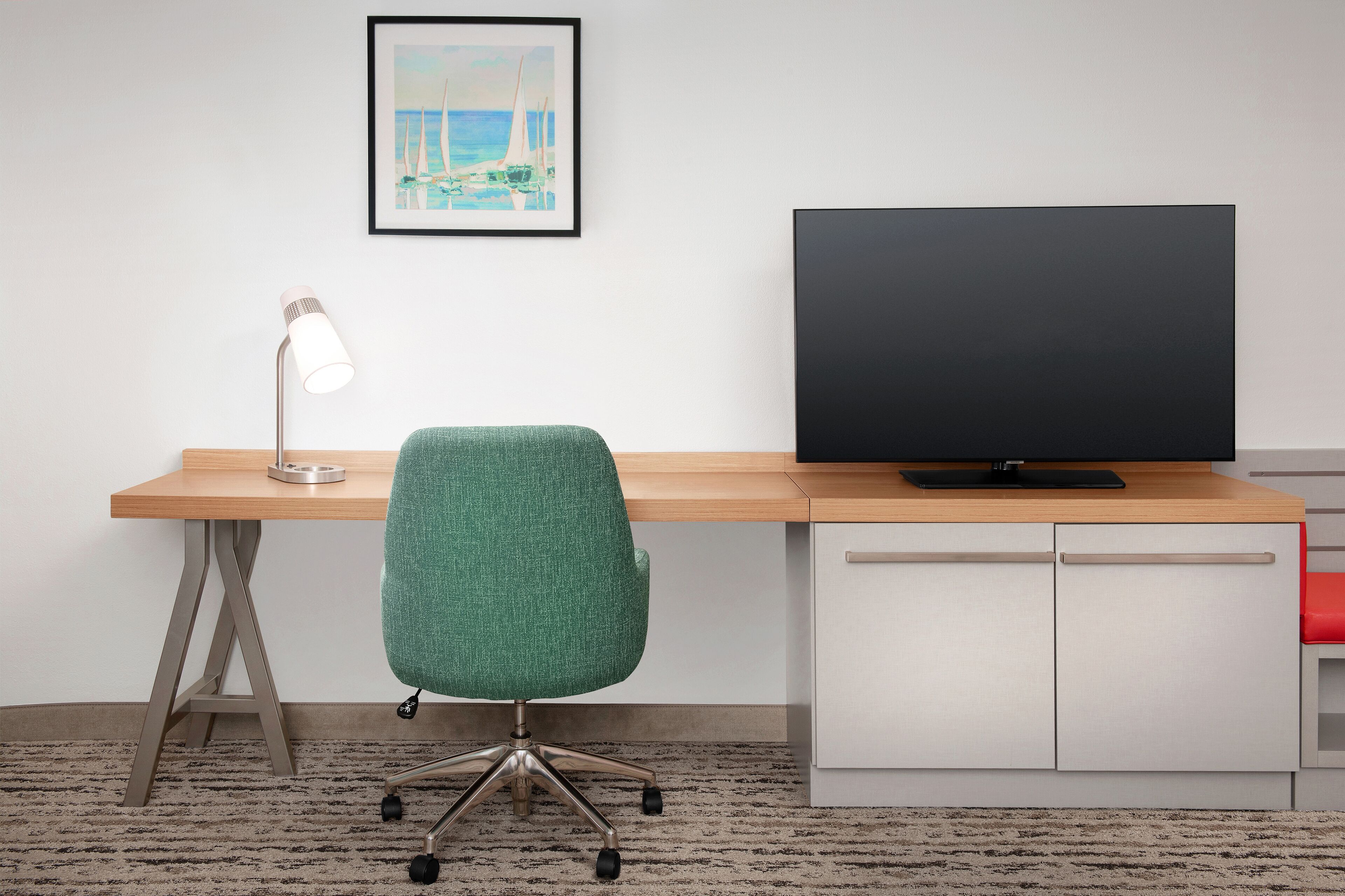 desk, laptop workspace, blackout curtains, iron/ironing board