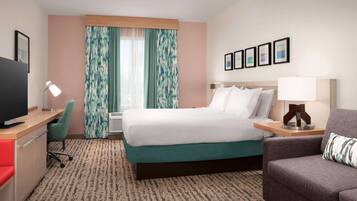 Desk, laptop workspace, blackout curtains, iron/ironing board