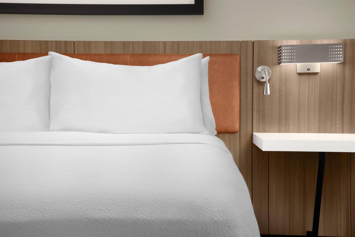 A modern hotel room with a bed, a wall-mounted sink, and a showerhead.