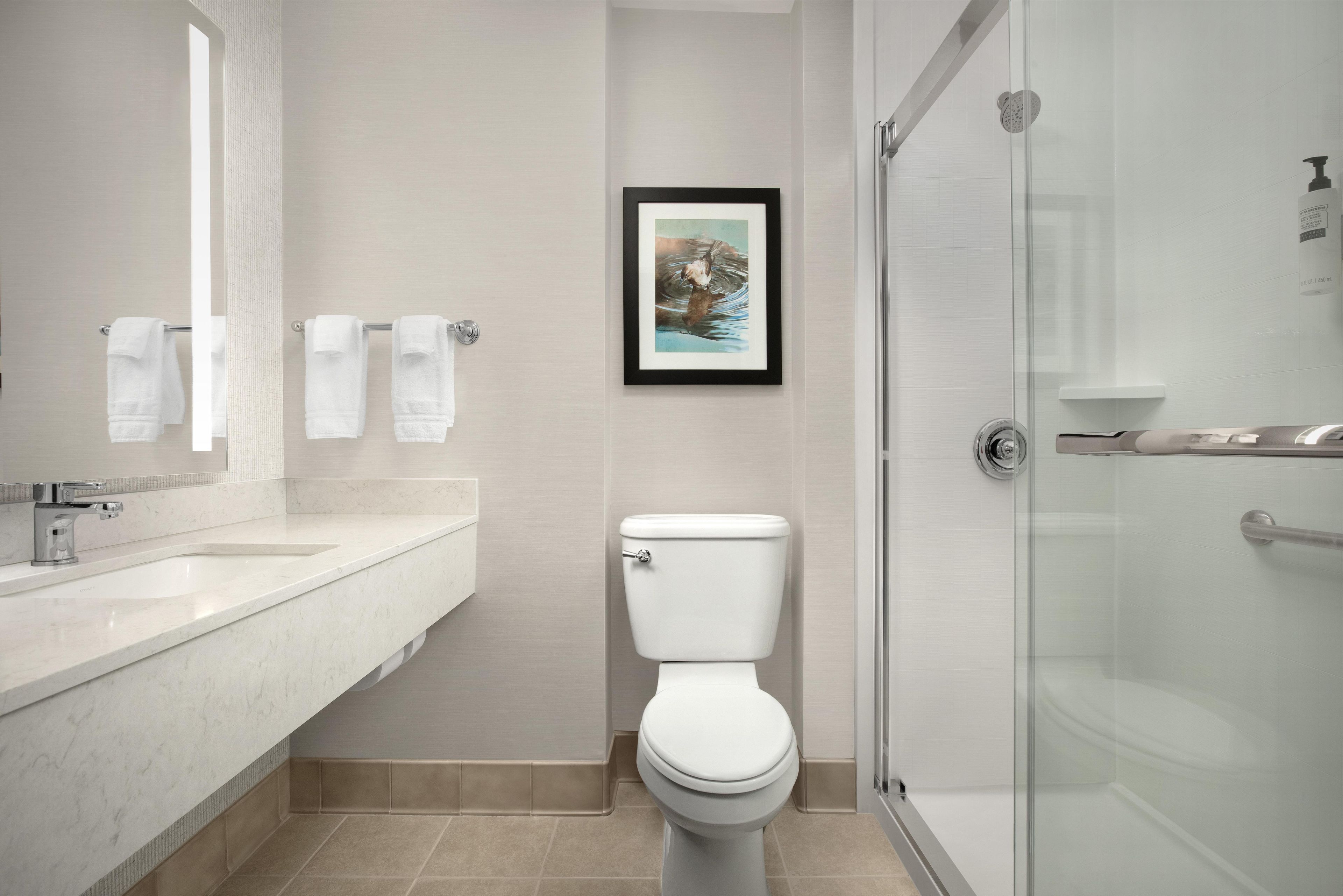 Une salle de bain moderne équipée de toilettes, d’une douche à parois de verre et d’un lavabo avec un miroir.