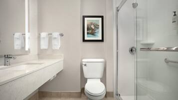 Une salle de bain moderne équipée de toilettes, d’une douche à parois de verre et d’un lavabo avec un miroir.