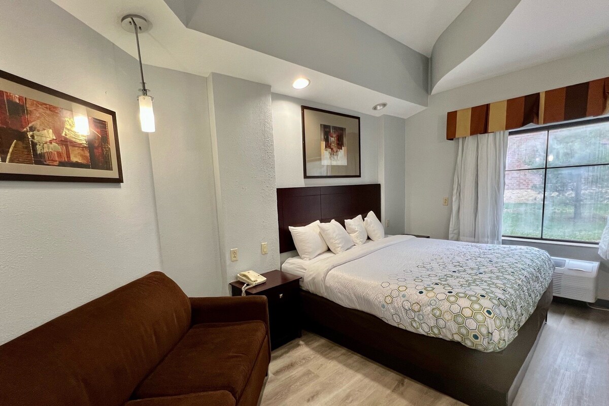 Una habitación de hotel con una cama grande, un sofá marrón, un teléfono y obras de arte en las paredes.