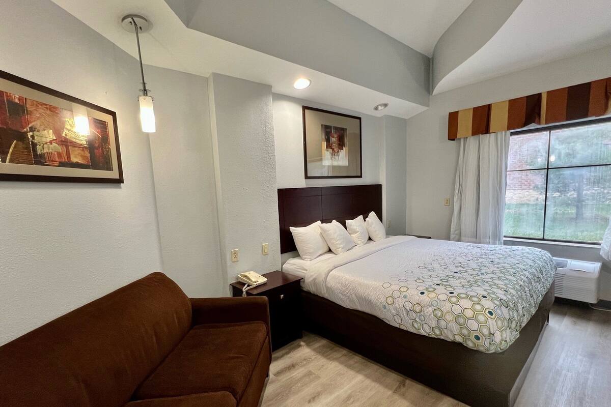 Quarto de hotel com uma cama grande, um sofá marrom, telefone e obras de arte nas paredes.