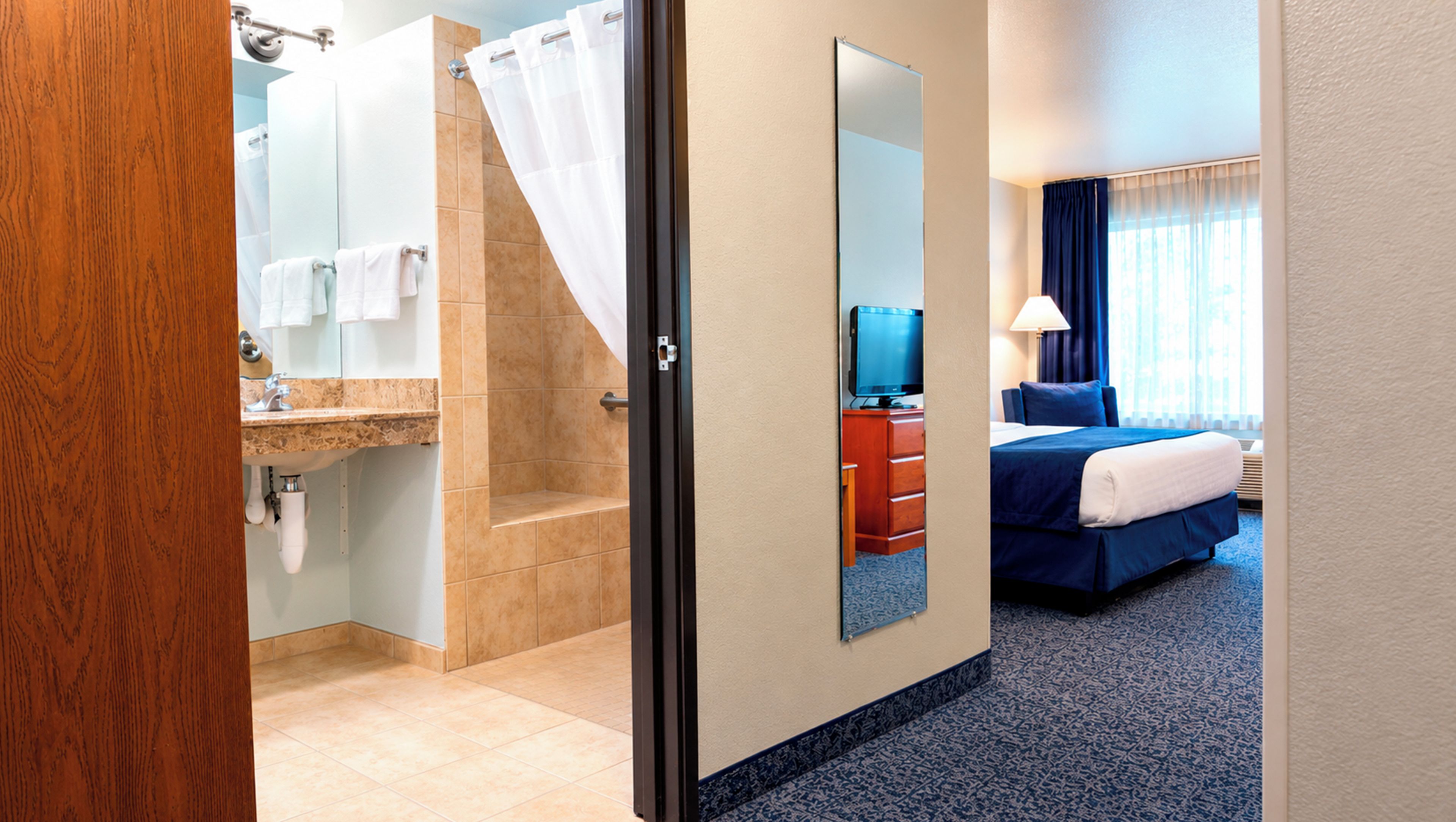 Une chambre d’hôtel avec une salle de bain, un lit, une télévision et un miroir.