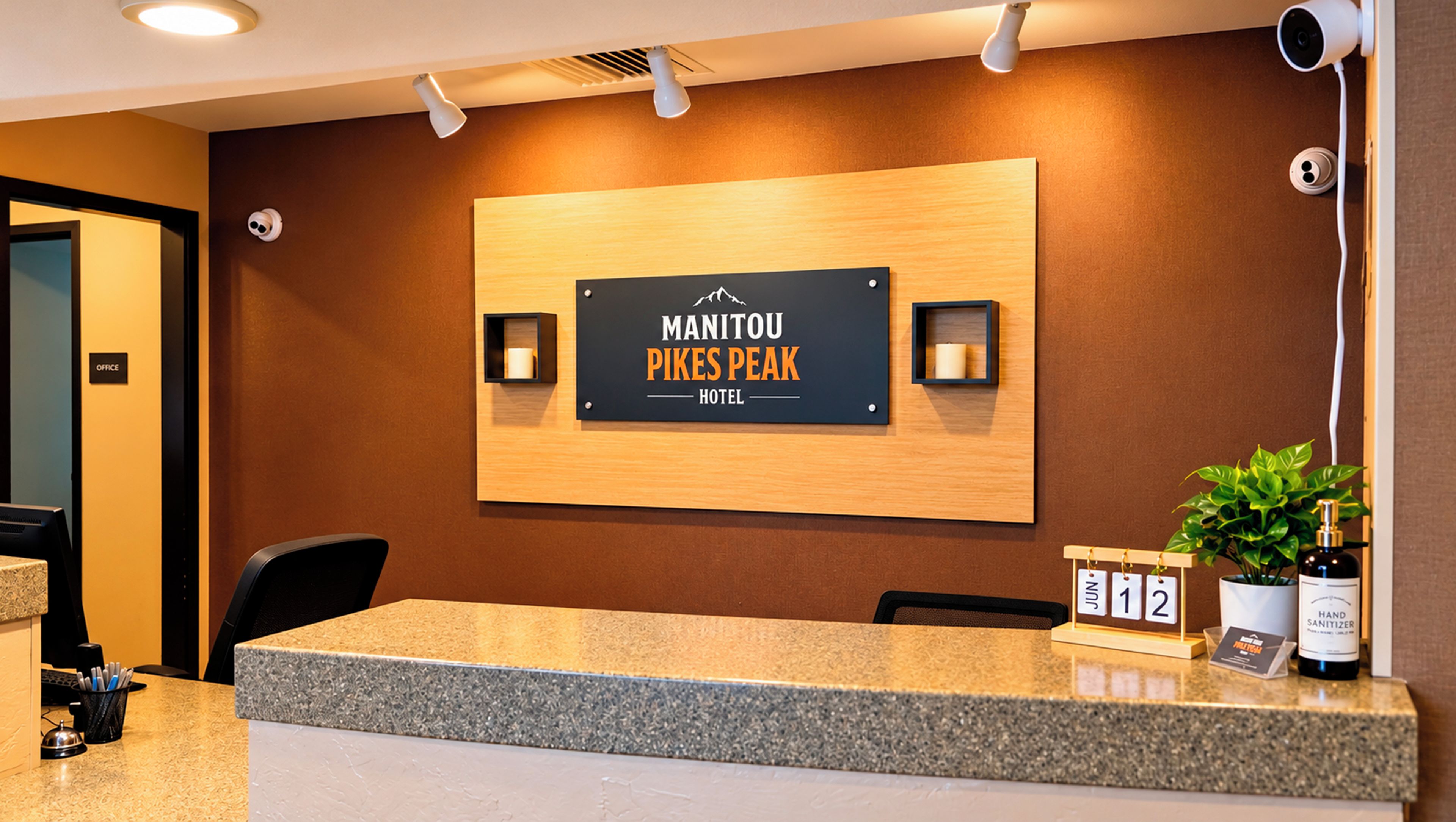 A reception desk with a sign for 'Manitou Pikes Peak Hotel,' a potted plant, a hand sanitizer dispenser, and a calendar.