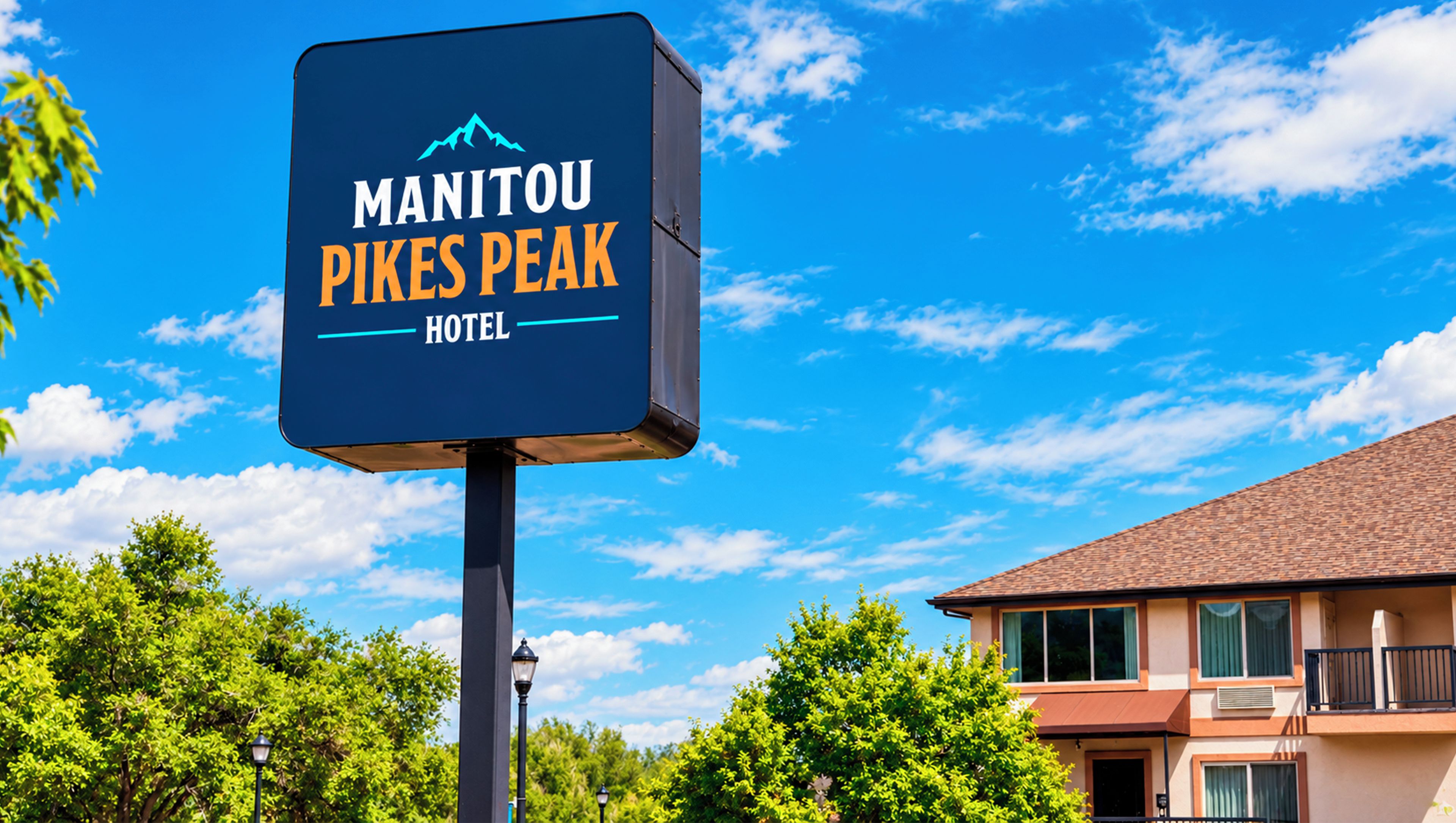 A sign for the Manitou Pines Peak Hotel with a clear blue sky in the background.