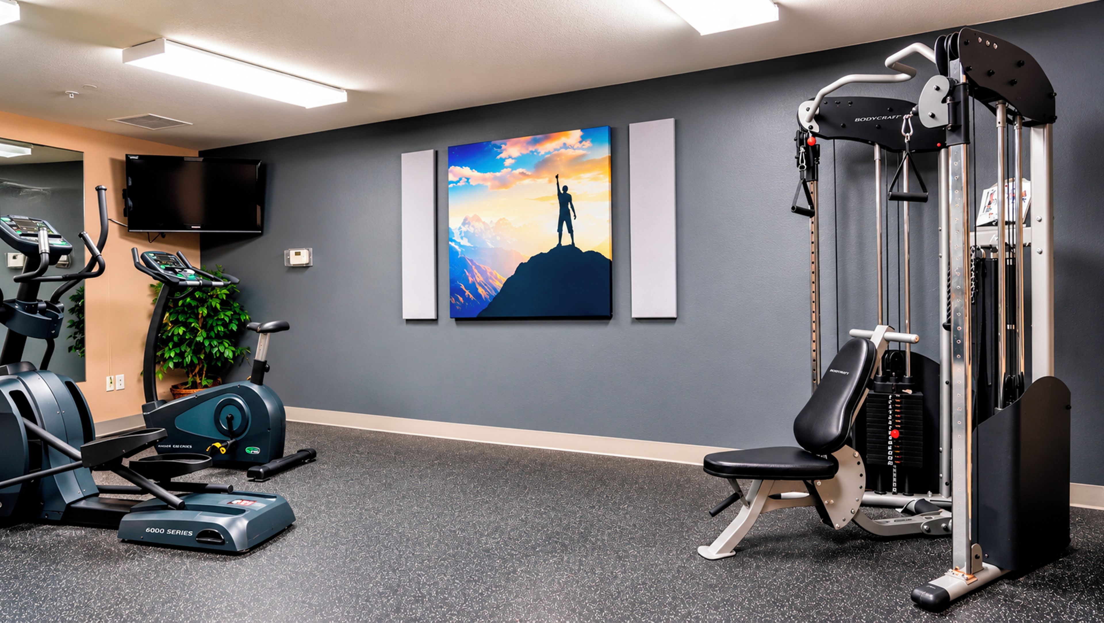 A gym with exercise equipment, a television, and a motivational painting.